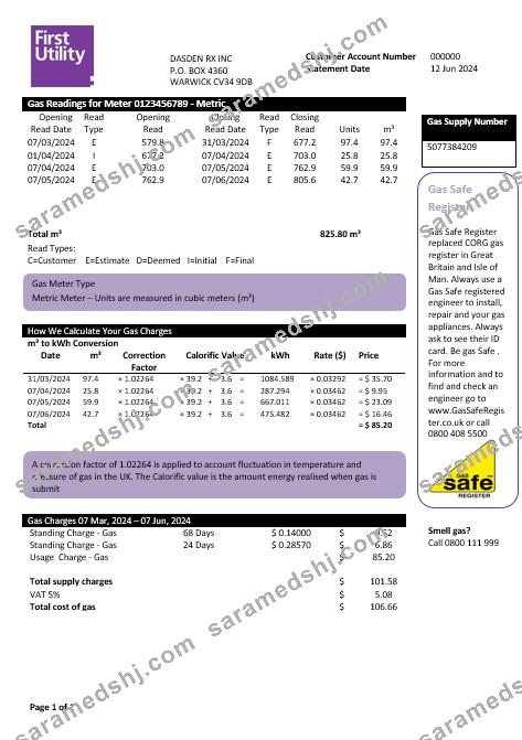 United Kingdom Warwick First business utility bill template in Word and PDF formats